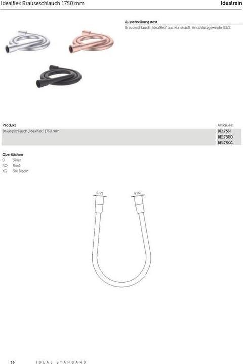 Produktbild Ideal Standard Brauseschlauch Kunststoff 175 cm x 1/2 Zoll schwarz BE175XG (175 cm)