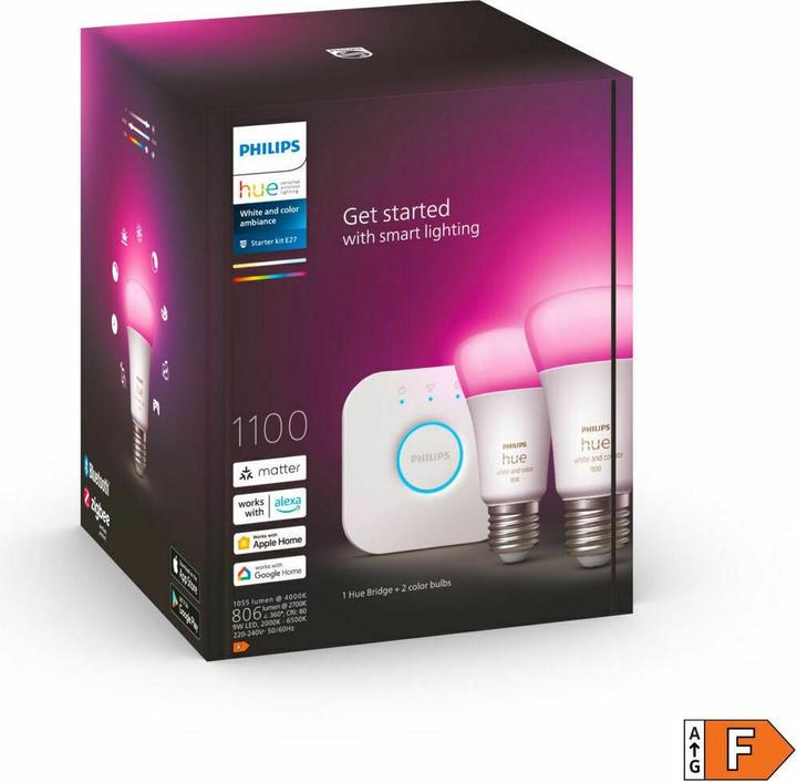 Produktbild Philips Hue Starter Kit (E27, 11 W, 1100 lm, 2 x, F)