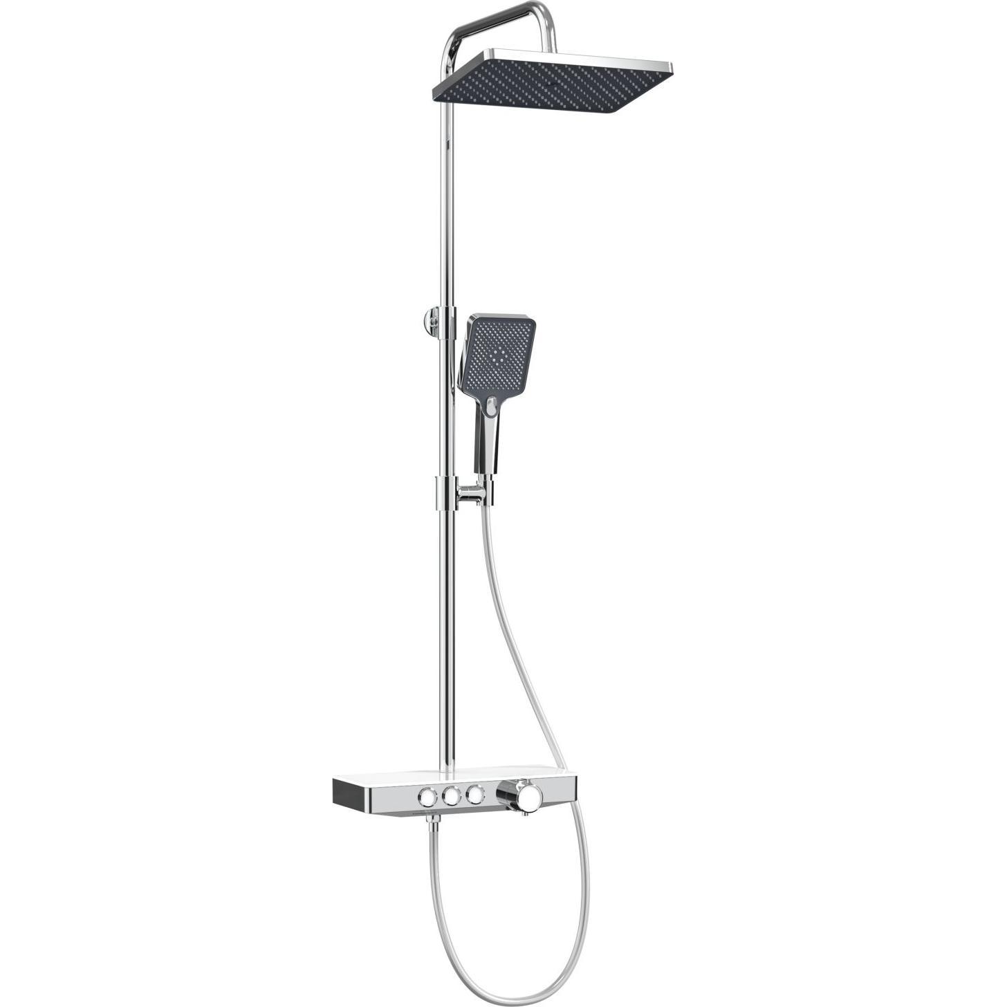 Emke, Duschsystem, Duschsystem mit Thermostat, Handbrause + Regendusche(3 Strahlstärken) + Unterer Auslass, Chrom