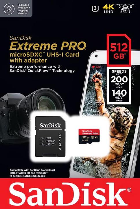 Produktbild Sandisk Extreme PRO UHS-I V30 (512 GB, microSDXC, U3, UHS-I)