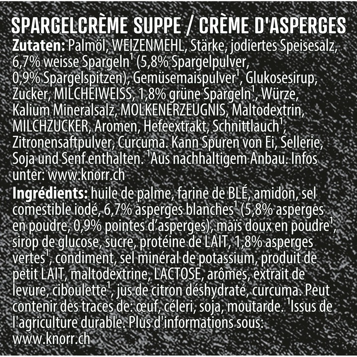 Valeurs nutritives et ingrédients Knorr Soupe à la crème d'asperges Suprême