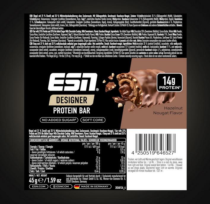 Nutritional values and ingredients ESN Designer (Hazelnut nougat, 1 pcs., 45 g)