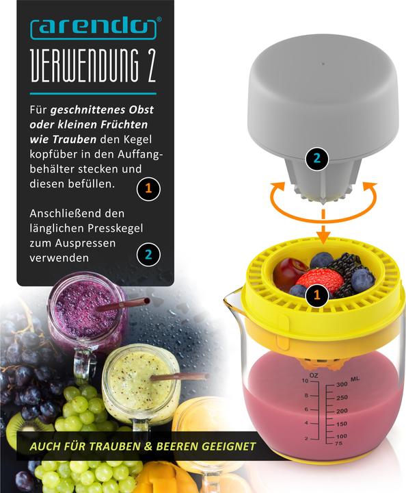 Produktbild Arendo Zitruspresse, Saftpresse, Entsafter manuell, Limettenpresse, Zitronenpresse, 300 ml, Orangenpresse