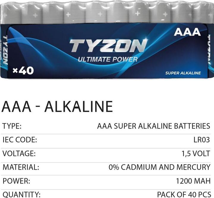 Produktbild Tyzon 1.5 V Aaa Alkaline Batteries, 40 Pcs (40 Stk., AAA, 1200 mAh)
