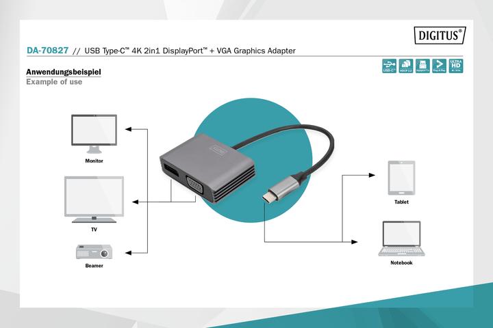 Produktbild Digitus USB Type-C™ 4K 2in1 DisplayPort + VGA Grafik-Adapter (USB Typ-C, 20 cm)