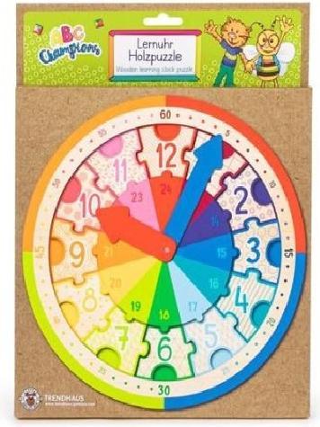Trendhaus 956491 Horloge éducative ABC Champions en bois, Puzzle en bois inclus, Horloge éducative pour les