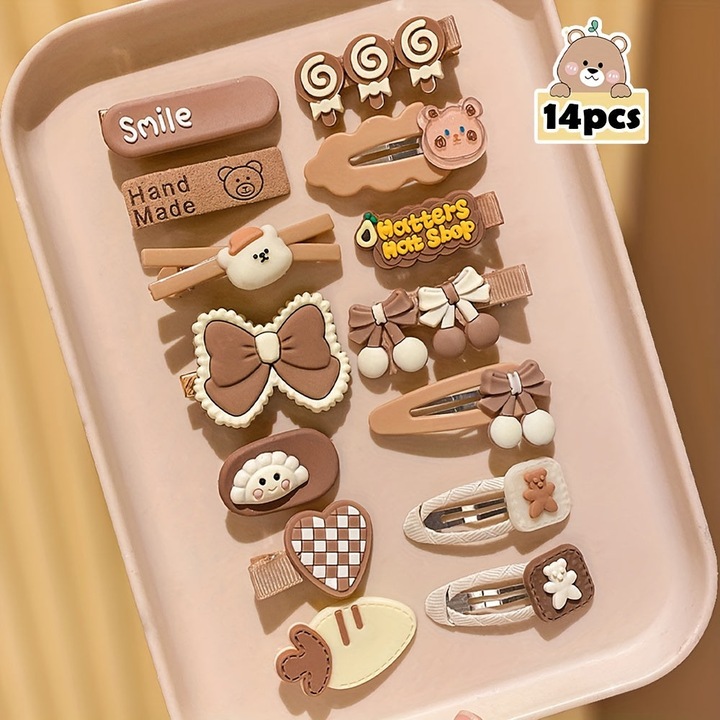 Activity Board 14-teiliges Preppy Style Haarspangen-Set - Ganzjahres-Harz-Haar-Accessoires mit Woll-Akzenten