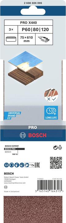 Image du produit Bosch Professional Zubehör PRO X440 bande abrasive, 75 x 610 mm, G60, G80, G100, 3 pcs. (100, 60, 80)