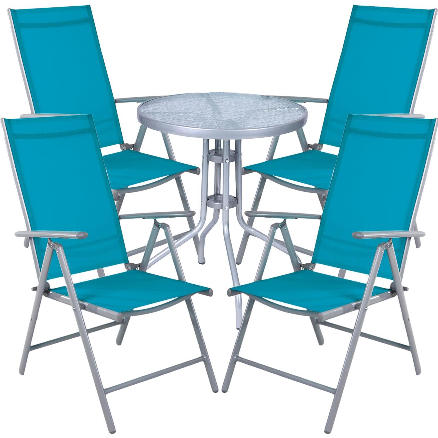 Thumbnail - Mojawo, Gartentisch + Balkontisch, Bistro Sitzgarnitur Bistrogarnitur 5-teilig Silbergrau / Petrol (60 cm)