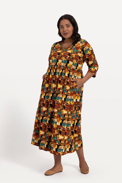 Actual product image Ulla Popken Unique Fall Tone Print Empire Knit A-line Pocket Dress (46, 48)