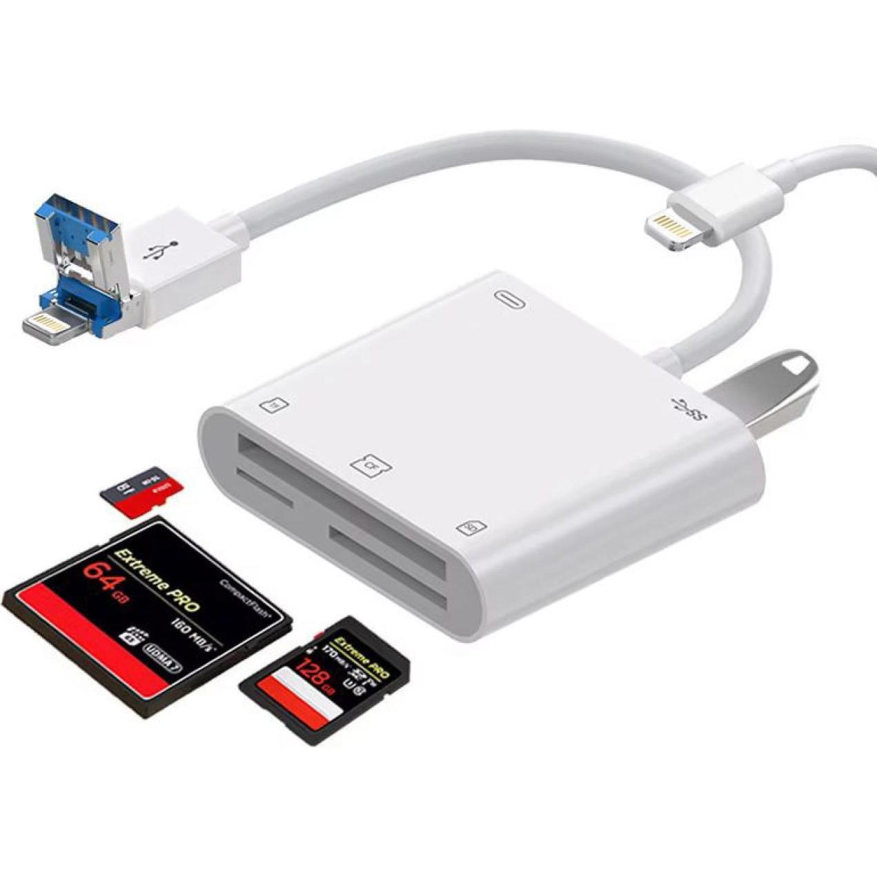 PowerGuard DualHeadConnect USB-A/Lightning USB Photo SD Card CF Camera Cardreader (USB-A, Lightning), Adattatore dispositivo mobile, Bianco