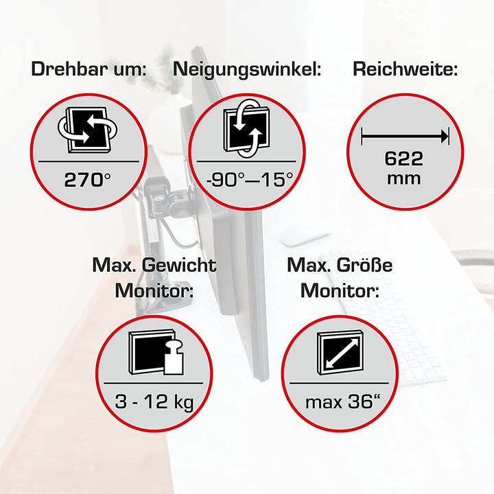 Image du produit Vantage Bras pour écran Premium single Gas 75x100 -12kg 36" noir (Tables, 36", 12 kg)