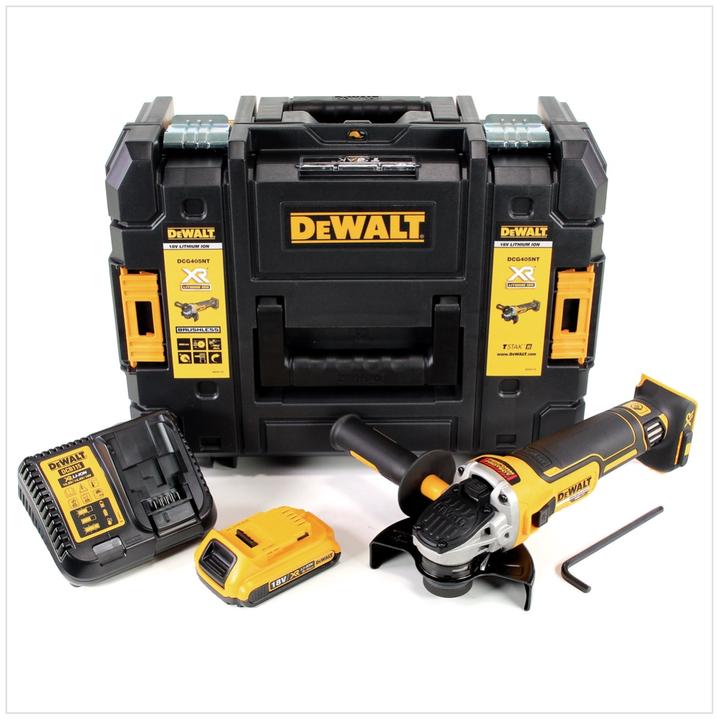 1x DeWalt DCG 405 - 18 V 125 mm brushless cordless angle grinder- 1 x DeWalt DCB 183 18V - 2 Ah, 2000 mAh XR Li-Ion battery- 1 x DeWalt DCB 113 charger- 1x DeWalt TStak-Box II tool case- 1x side handle- 1x quick-release nut- 1x assembly tool