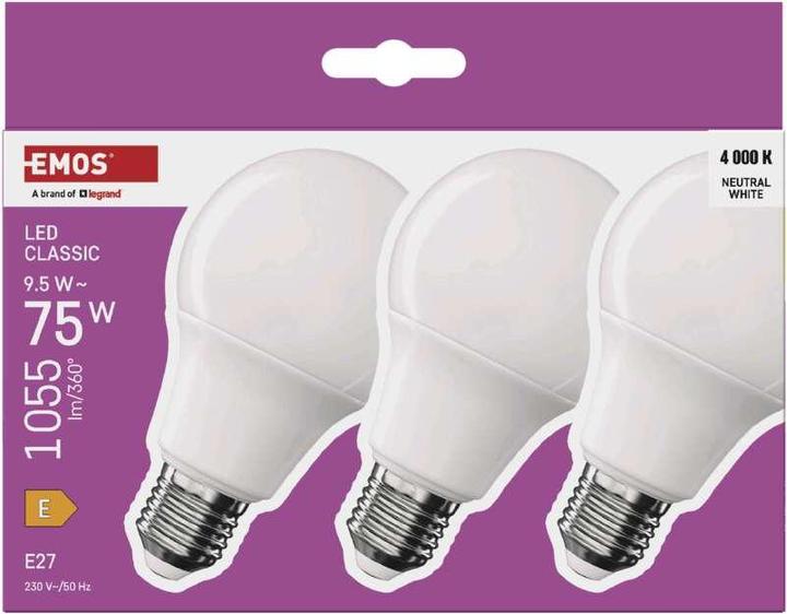Immagine prodotto Emos Lampada LED Classic A60 / E27 / 9,5 W (75 W) / 1055 lm / bianco neutro (E27, 9.50 W, 1055 lm, 3 x, E)