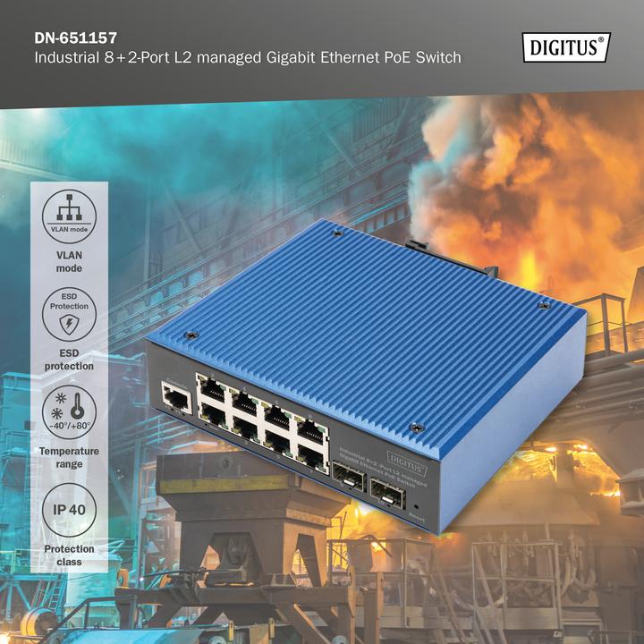 Image du produit Digitus Commutateur PoE industriel Gigabit Ethernet L2 Managed 8+2 ports (8 ports)