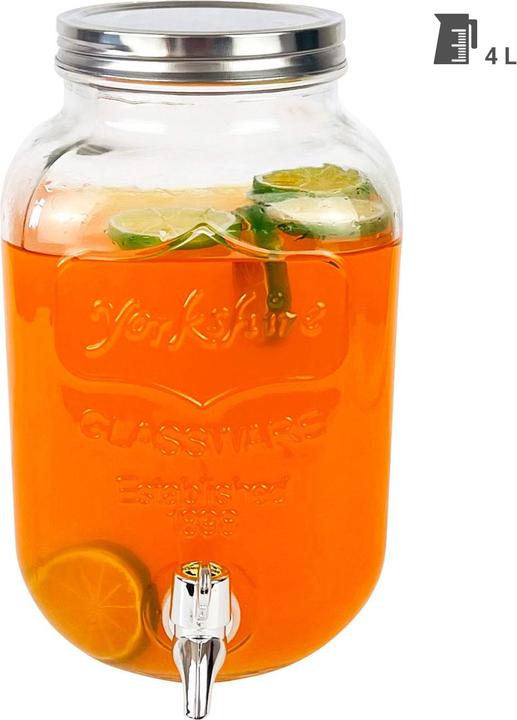 Yorkshire Getränkespender aus Glas, eckiger Einmachglas-Look, Zapfhahn, 4 Liter