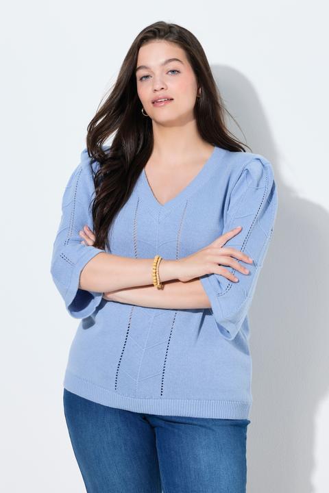 Produktbild Ulla Popken Pullover, Ajourstrick, V-Ausschnitt, 3/4-Arm (58)