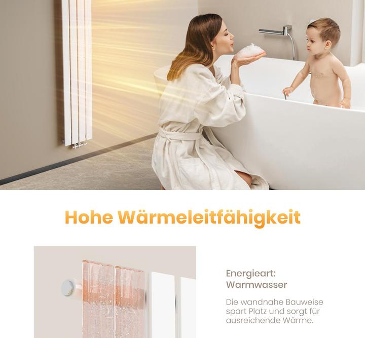 Produktbild Emke Heizkörper, Flachheizkörper mit Zentralanschluss, Weiss 180x30cm 627W Einlagig (627 W)