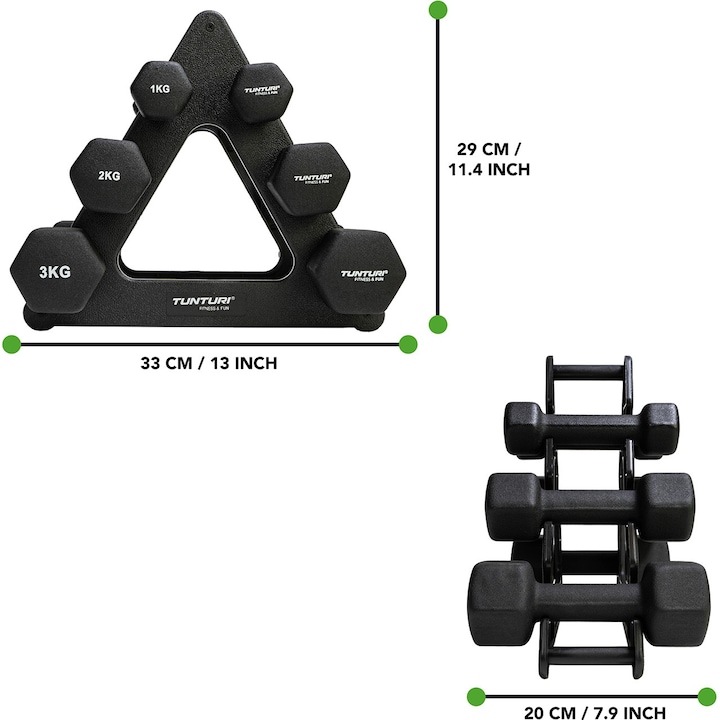 Produktbild Tunturi Neopren Kurzhantelset mit Ständer (2 x 1 kg, 2 x 2 kg, 2 x 3 kg)