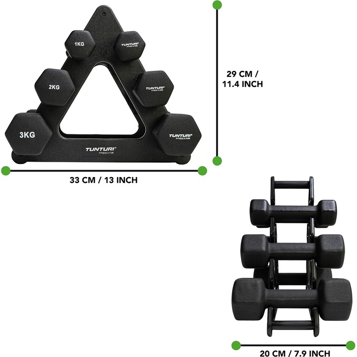 Actual product image Tunturi Neopren Kurzhantelset mit Ständer (2 x 1 kg, 2 x 2 kg, 2 x 3 kg)