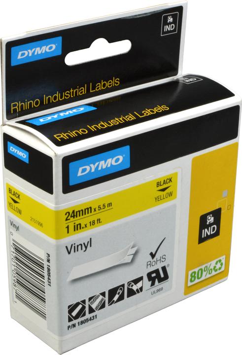 Actual product image Dymo Rhino 24mm black on yellow vinyl (2.40 cm, Yellow)