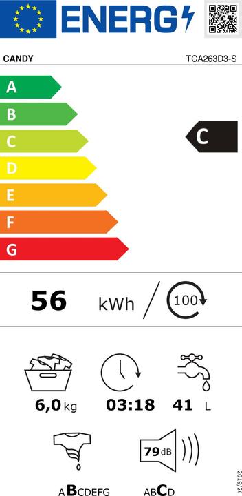 Label énergétique Candy TCA263D3-S Lavatrice a carica dall'alto 6Kg (6 kg, Vers le haut)