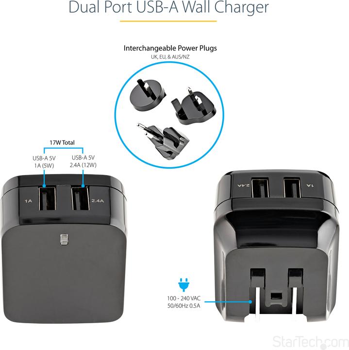 Produktbild StarTech 2 Port USB Ladegerät / Netzteil - 2-fach Ladestecker 17 Watt / 3.4 Amp - Dual Reiseladegerät 110... (17 W, 2 Ports)