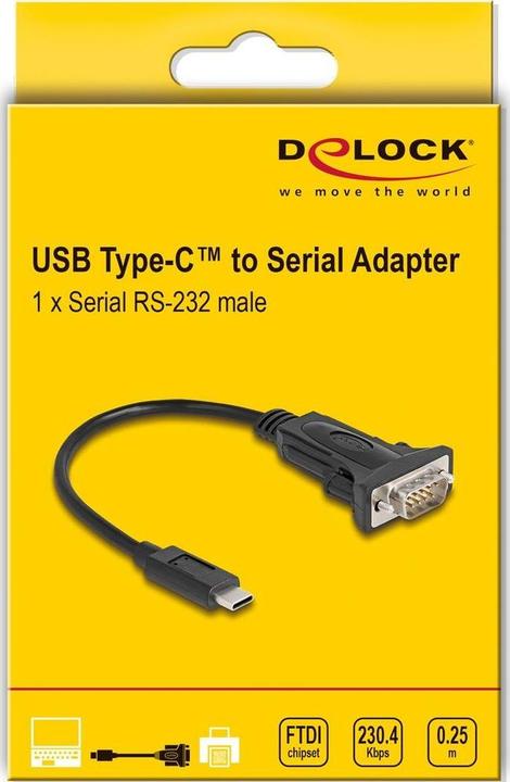 Produktbild Delock Adapter USB Type-C™ zu 1 x Seriell RS-232 D-Sub 9 Pin Stecker mit Schrauben 0,25 m (22.50 cm)