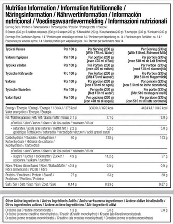 Nährwerte und Zutaten Muscle Tech Mass Tech (3200 g, 1x, Vanille)