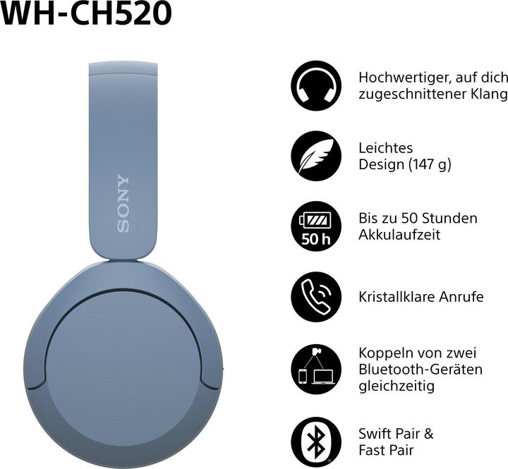 Produktbild Sony WH-CH520 (Keine Geräuschunterdrückung, 50 h, Kabellos)