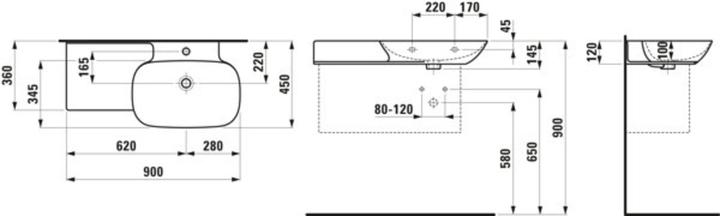 Produktbild Laufen INO Waschtisch, ohne Hahnloch, mit Überlauf, Keramikablage links, 900x450mm, H813301 (425 mm, 900 mm)