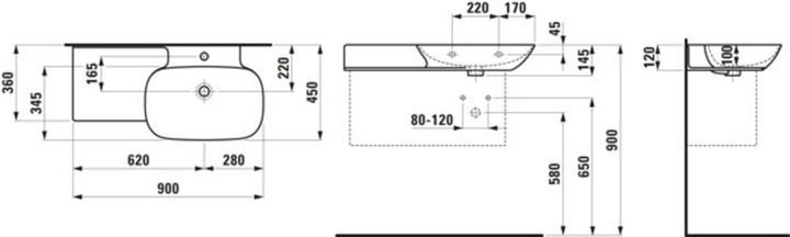 Actual product image Laufen INO washbasin, without tap hole, with overflow, ceramic shelf left, 900x450mm, H813301 (425 mm, 900 mm)