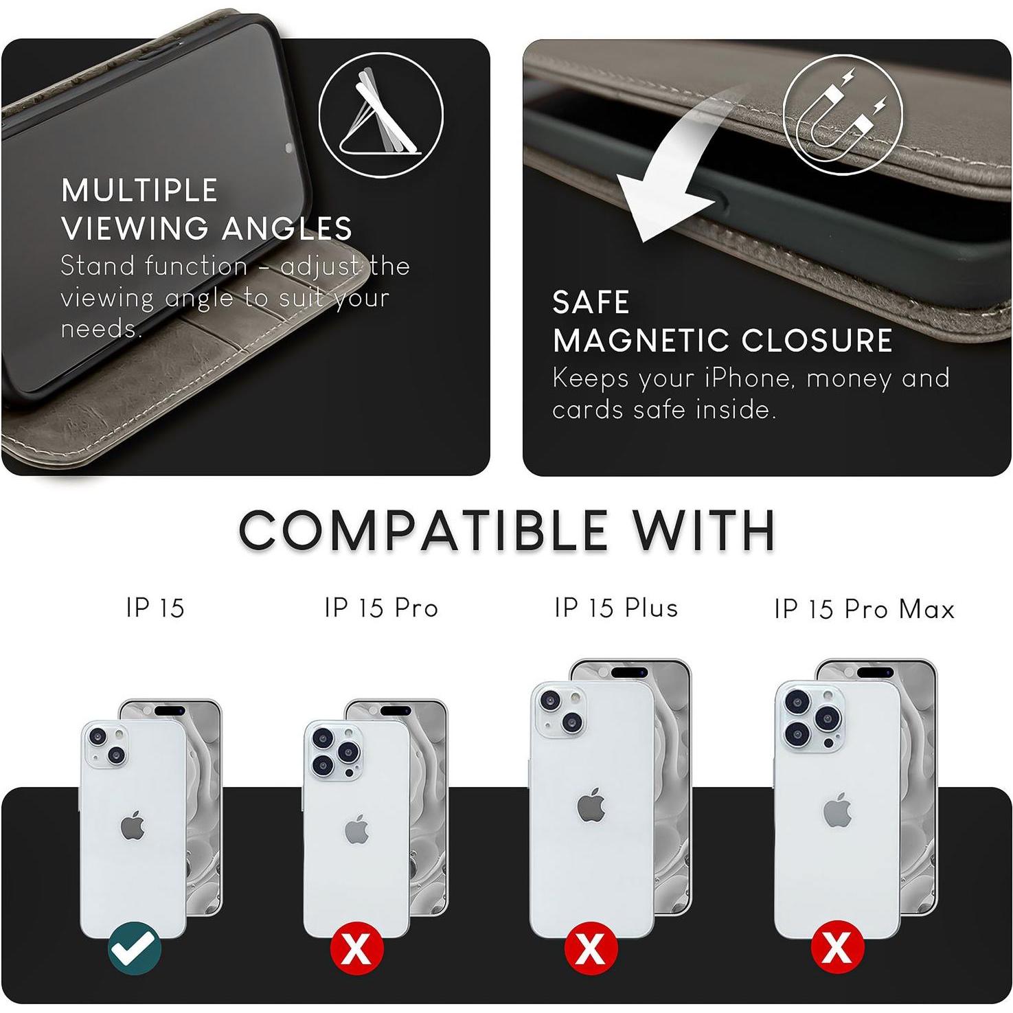 Thumbnail - Nalia Echt Leder Flip Case Hülle mit Magnetverschluss (Apple iPhone 15), Smartphone Hülle, Grau