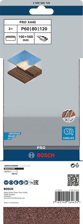 Image du produit Bosch Professional Zubehör PRO X440 bande abrasive, 100 x 560 mm, G60, G80, G100, 3 pcs. (100, 60, 80)