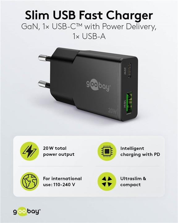 Produktbild Goobay USB-C PD GaN Dual-Schnellladegerät Slim 20 W (20 W, 2 Ports)