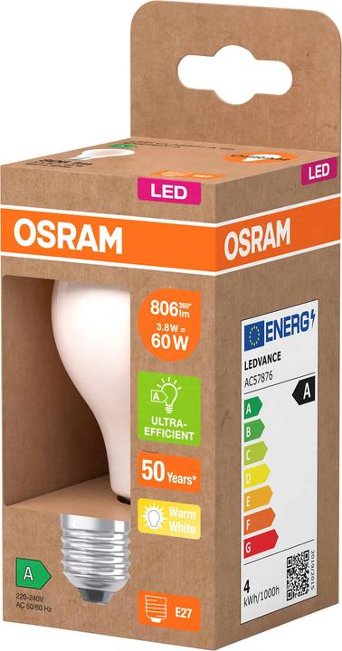 Produktbild Osram LED CLASSIC höchste Effizienzklasse A 3.8W 827 gefrostet E27 Lampe 806lm 2700K warmweiss wie 6 (E27, 3.80 W, 806 lm, 1 x, A)