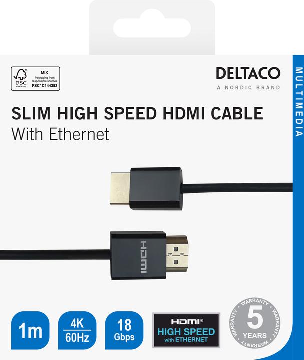 Actual product image Deltaco Ultra-thin HDMI cable 4K UHD, 1m, black (1 m)