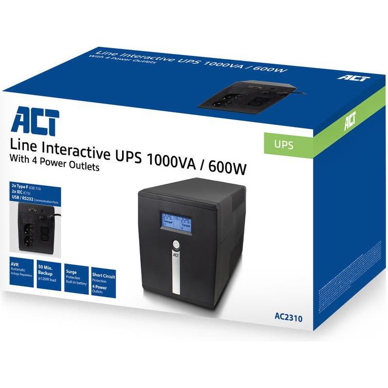 Thumbnail - ACT UPS, 1000VA, 2x IEC C13, 2x type F female, 1x USB, 1x RS232 (1000 VA, 600 W, Line-Interaktiv USV), USV