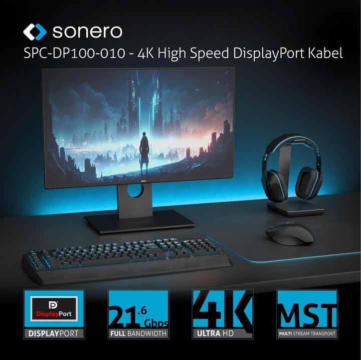 Produktbild Sonero DisplayPort-Kabel, Stecker/Stecker, 4K60, grau/schwarz, 3 m (3 m)