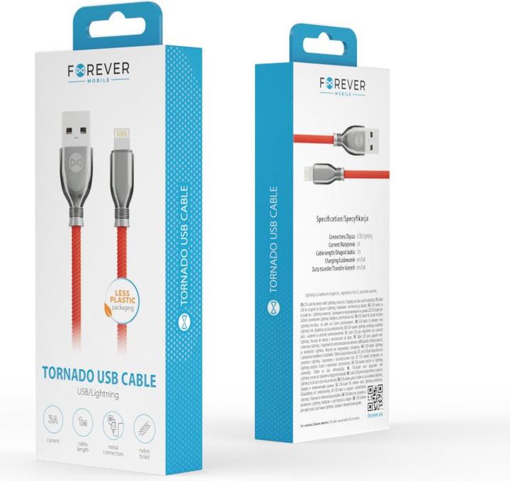 Actual product image Forever Tornado cable USB - Lightning 1,0 m 3A red (1 m, 12.50 W)
