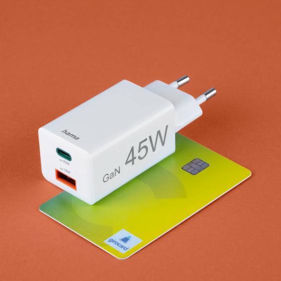 Image du produit Hama Chargeur rapide, 1x USB-C PD, 1x USB-A QC, mini-chargeur, 45 W, blanc (45 W)