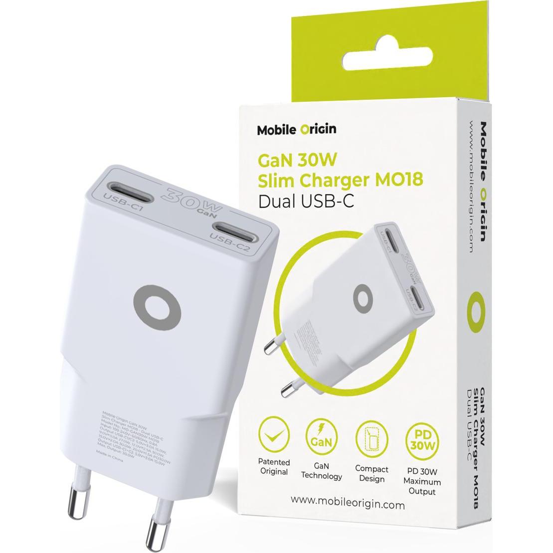 Mobile Origin GaN 30W Slim Charger MO18 - Dual USB-C (30 W), Caricatore USB