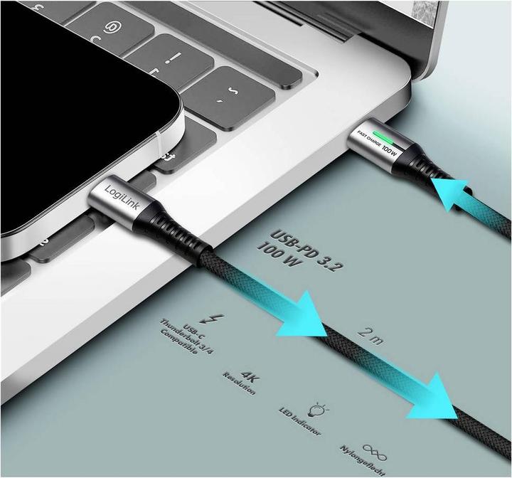 Immagine prodotto LogiLink USB 3.2 Gen2x2 Type-C-Kabel, C/M zu C/M, 20 Gbit/s, 100W, 4K, LED, Metall, schwarz, 2 m (2 m, USB 3.2 Gen 2x2, 100 W)