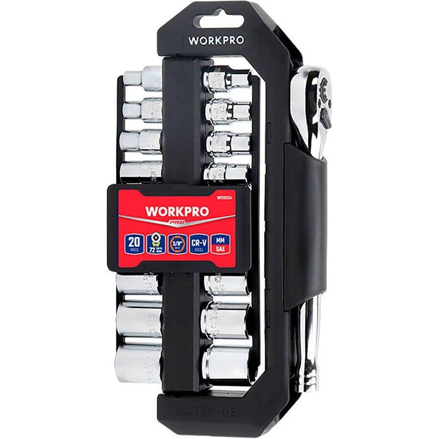Workpro, Chiave a bussola + esagonale, 3/8 in ratchet wrench and socket, swivel holder, set 20 pieces, metric-sae (1/2", 1/4", 10 mm, 11 mm, 11/16", 1