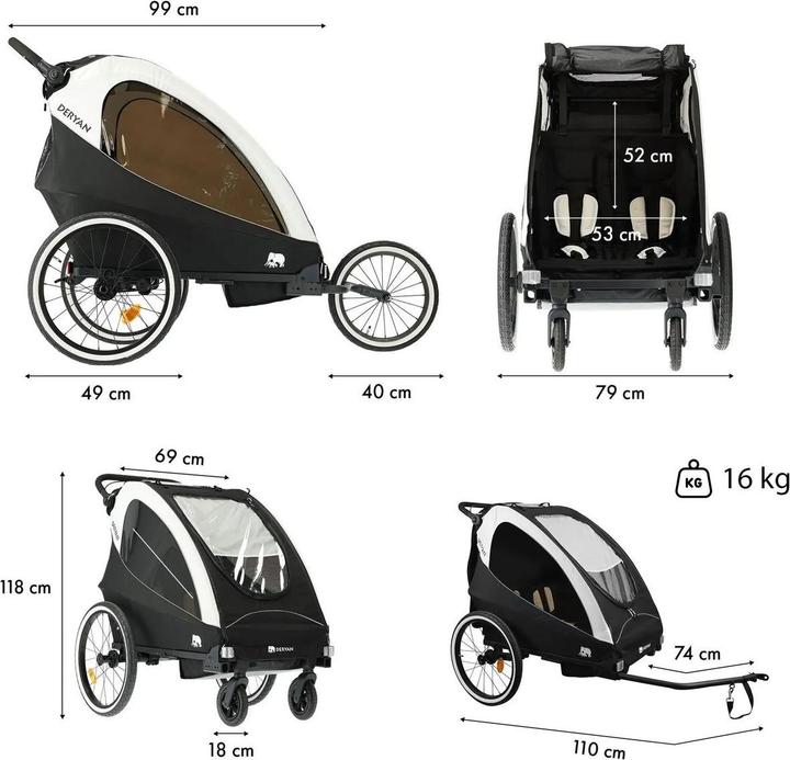 Produktbild Deryan 3in1 Fahrradanhänger für 2 Kinder