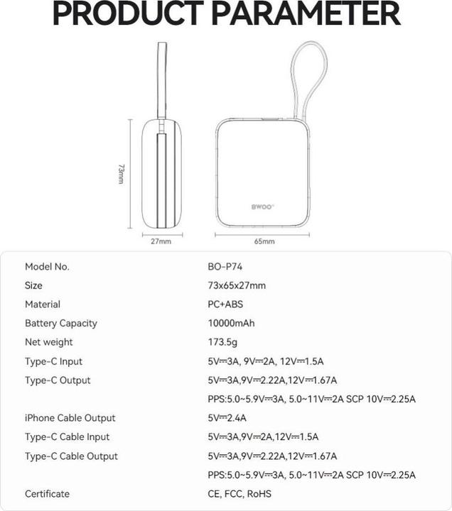 Actual product image Bwoo power bank P74 22.5W 20000 mAh with 2 built-in cables 1 x USB-C 1 x Lightning black (10000 mAh, 22.50 W)