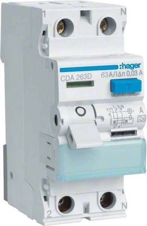 Hager Disjoncteur différentiel 2 pôles 63A/30mA 6kA CDA263D