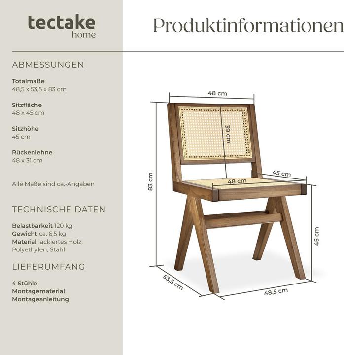 Produktbild tectake Holzstuhl Lissy mit Wiener Geflecht, Belastbarkeit 120 kg