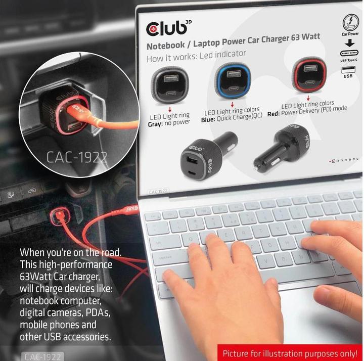 Produktbild Club 3D Club3D USB KFZ-Ladegerät 1xUSB C, 1xUSB A, 63W, 12/24V retail