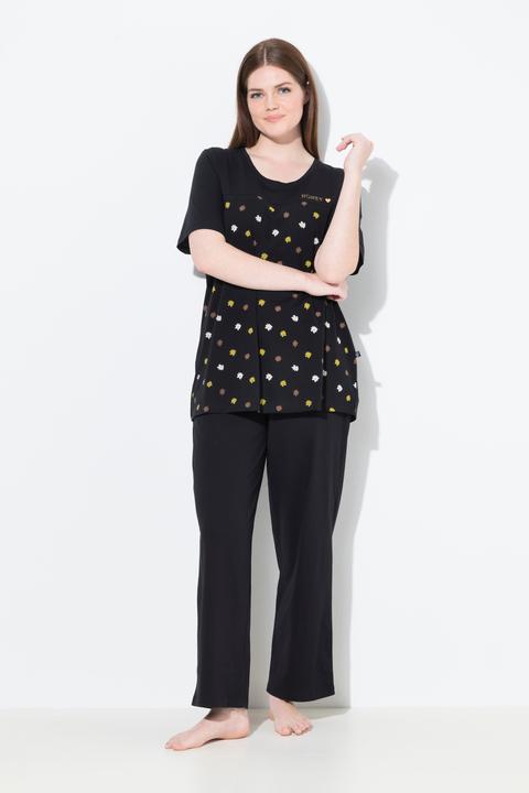 Image du produit Ulla Popken Pyjama 2 pièces, pantalon + haut à fleurs avec broderie, décolleté rond et manches courtes (42, 44)